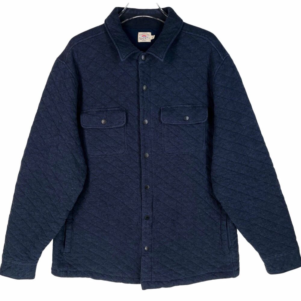 Faherty Men's XL Epic Quilted Fleece CPO Blue Melange Pockets Snaps 47" Chest